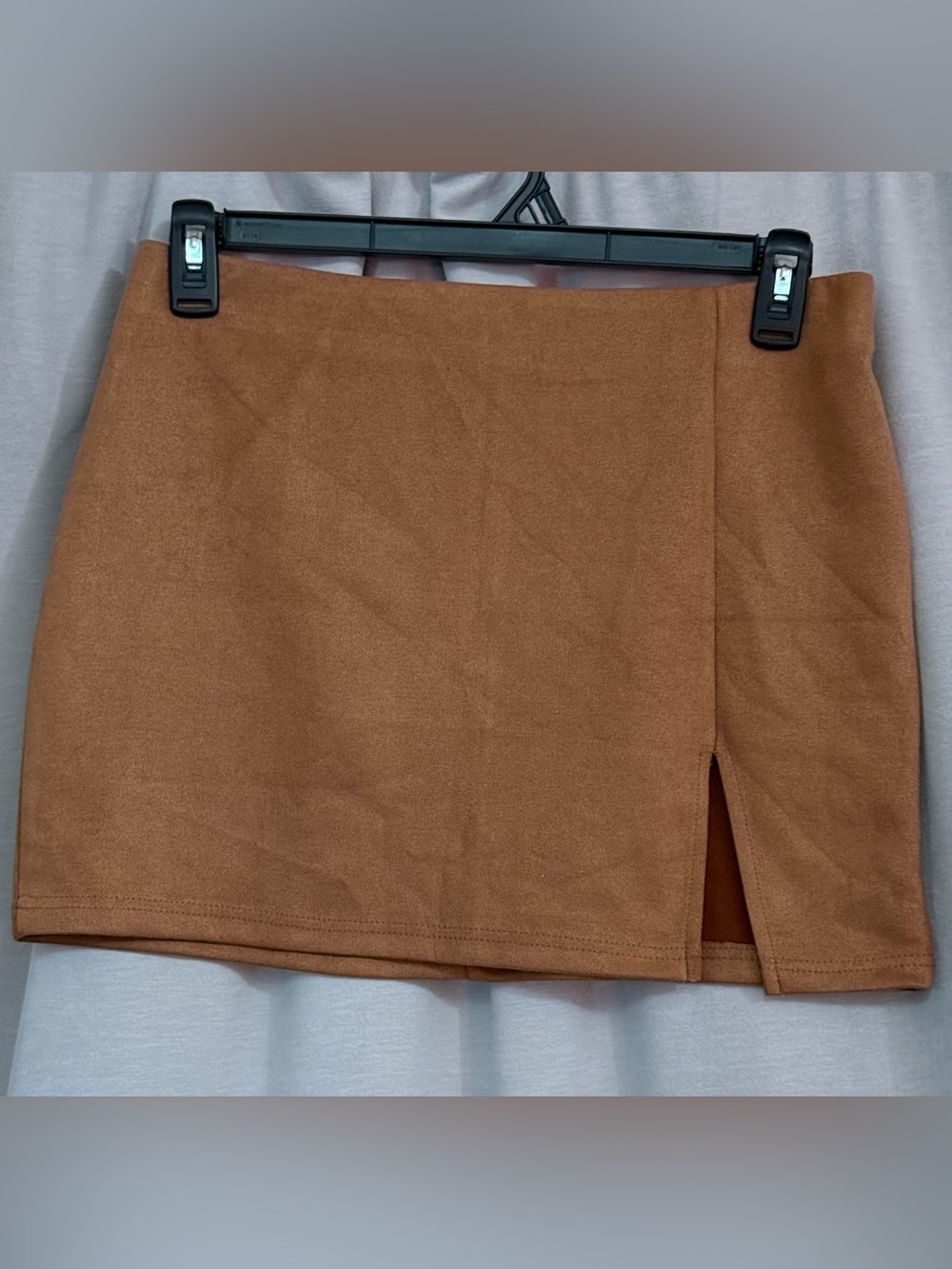 Y2K Western Aesthetic Faux Suede Slit Mini Skirt Tan / Camel Large